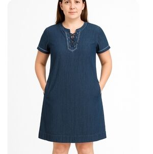 LAUREN‎ RALPH LAUREN Women's Size 12 Blue Denim Dress Lace-Up Shift Knee Length